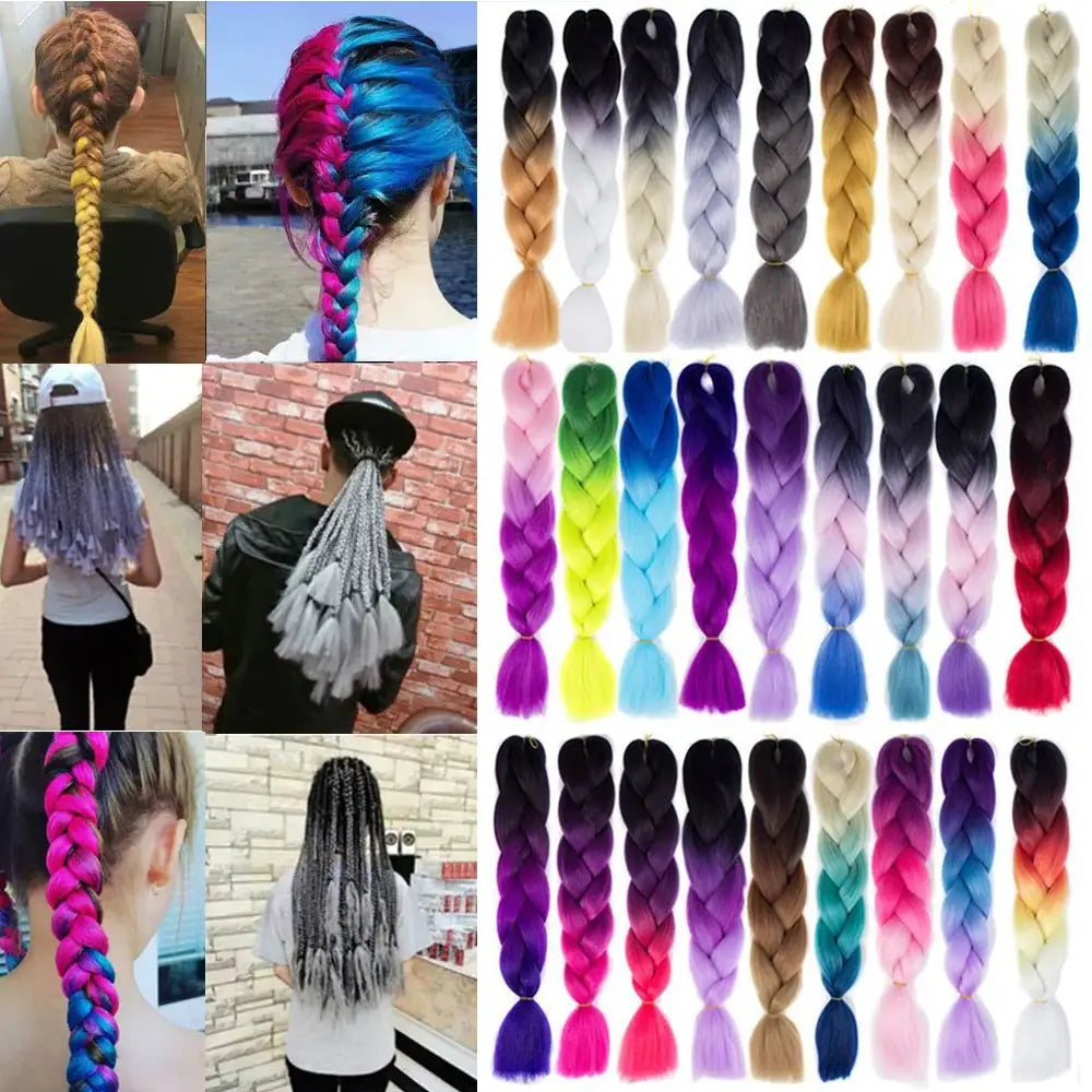 Collage of braided hair extensions in various colors and styles.